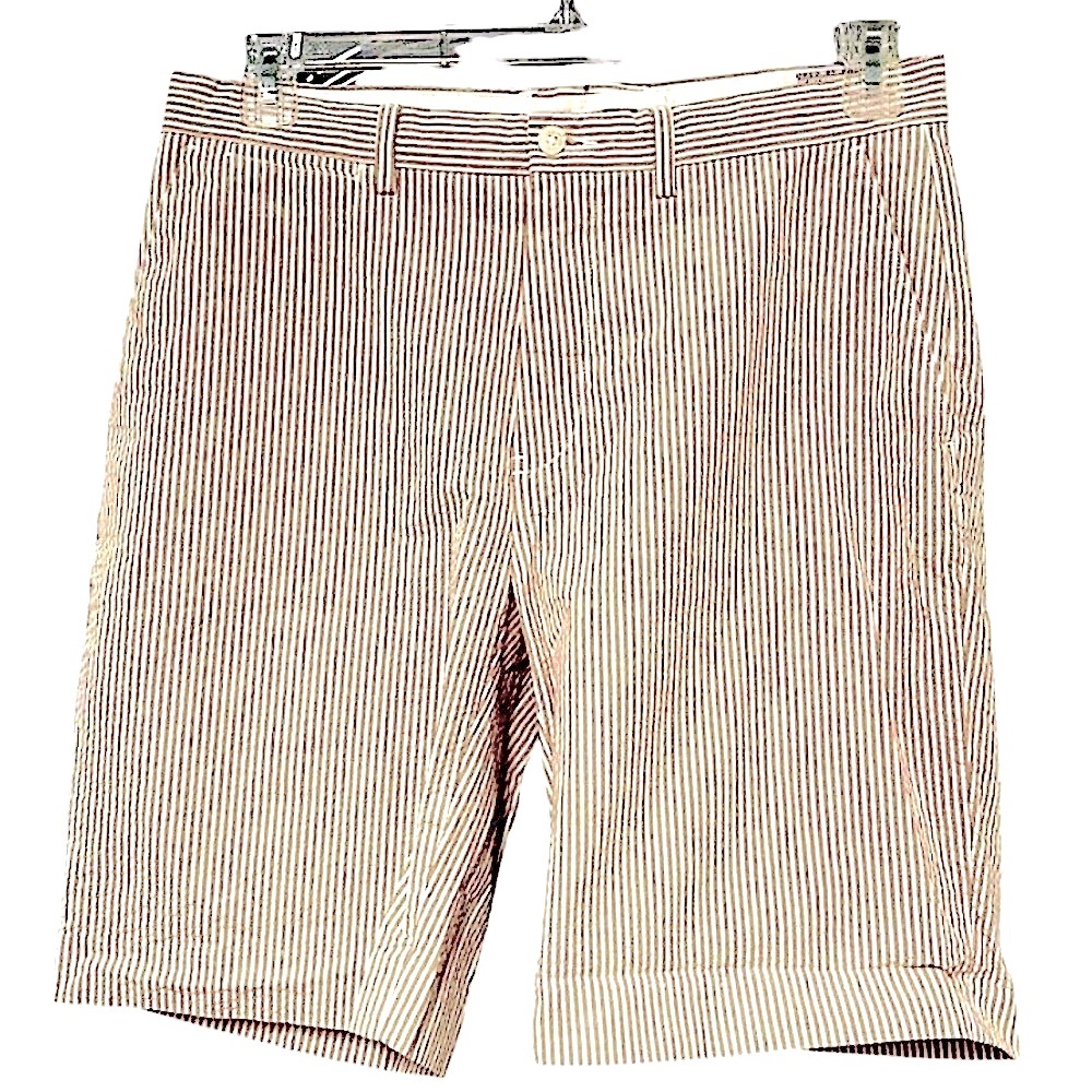 🏇 Ralph Lauren Seersucker Shorts Size 32 Caramel Light Brown Stripe, Flat Front